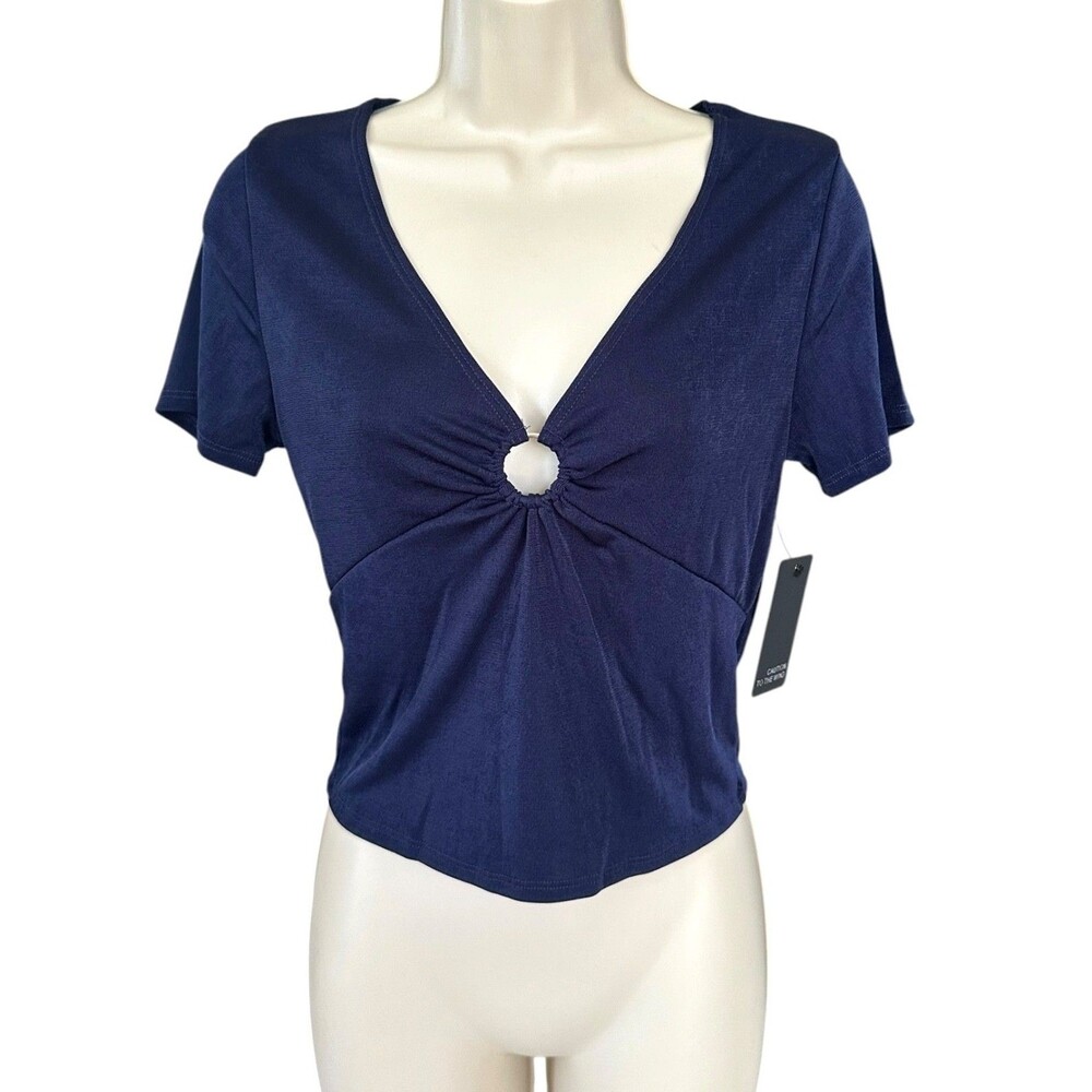 Caution To The Wind Junior's V-Neck Short Sleeve Crop Blouse Top Size L Navy